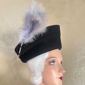 STRIKING 1960s'" BLACK FELT "COSSACK" STYLE HAT - PASSEMENTERIE TRIM/FEATHER